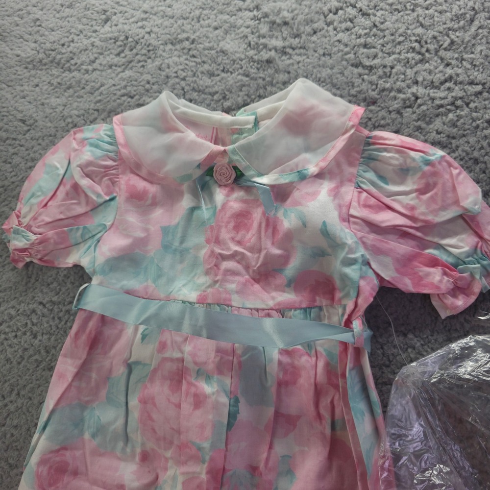 Picture Perfect Vintage Girls 3T Pink Teal Floral Cotton Jumpsuit W/Headband 90s